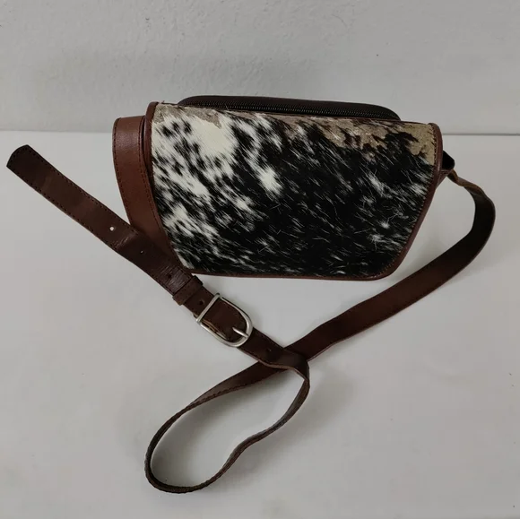 Leaders In Leather Vntg Tooled Leather Pony Hair Flap Messenger Crossbody Bag - Picture 7 of 16